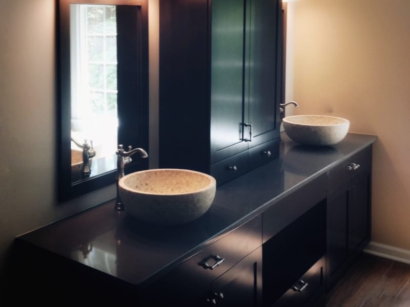 Contemporary, espresso stained maple double vessel sink vanity